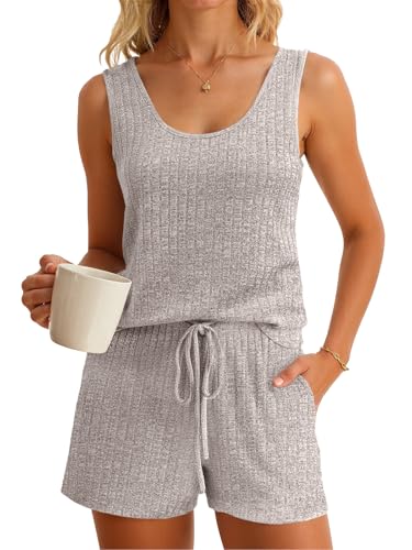 Imily Bela Womens Pajama Sets 2 Piece Sleeveless Summer Pjs Ribbed Knit Tank Top and Shorts Cute Lounge Sleepwear Khaki