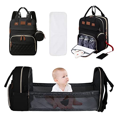 Opetdo Mochila cambiador con cambiador para pañales, bolsa de mamá, pantalla antimosquitos, correas de cochecito con funda de chupete desmontable, unisex, color negro