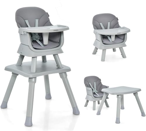 GOPLUS Trona Evolutiva Bebe 6 en 1, Trona Portatil Bebe Convertible con Bandeja Extraíble, Pies Antideslizantes, Arnés de 5 Puntos, Esquinas Redondeadas, para Niños 6-36 Meses, Capacidad 25 kg (Gris)