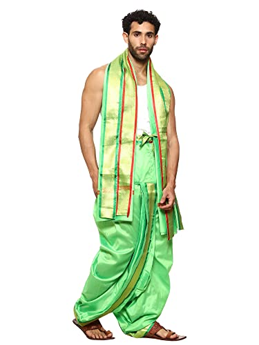 Image of Rameshwaram Fabrics Readymade Dhoti for Men, Velcro Style Stitched Mens Silk Dhoti Pant with Stole Set