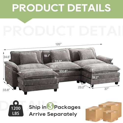 Image of Oprisen 120 inch Modular Sectional Sofa, Comfy Cloud Couch Sectional Sofa with Ottoman, Chenille Sofa Sleeper Deep Seat Sofa with Throw Pillows for Living Room (Light Gray, 120 inch- U Shape)