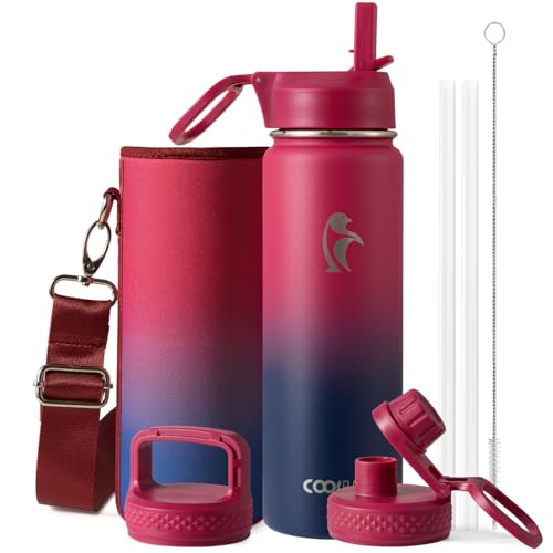 Image of Coolflask 24 oz Insulated Water Bottle with Straw & 3 Leakproof Lids