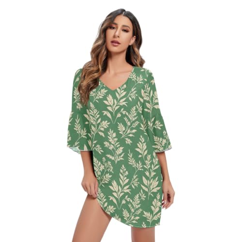 Robe trapèze mousseline de soie femme col V imprimé vert
