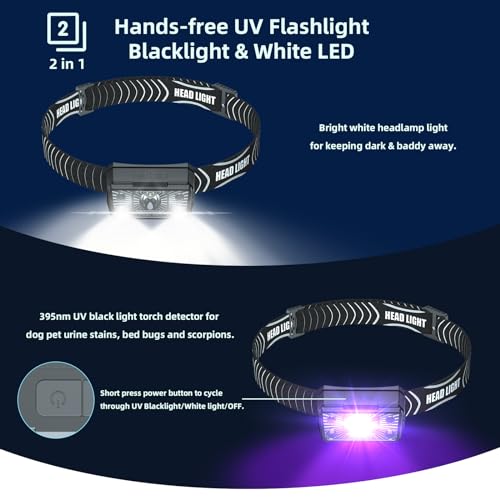 SEVENKA 2 UV Headlamp Flashlight Black Light, Rechargeable LED Hand Free Mini UV Blacklight 395nm Head Light with White & Ultraviolet Light, Detector for Pet Dog/Cat Urine Stains,Bed Bug,Scorpions