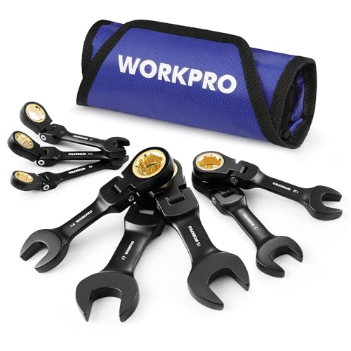 WORKPRO 8-Piece Stubby Anti-slip Ratcheting Combination Wrench Set, Metric 8-17 mm, 72-Teeth, CRV, Black Electrophoretic Coating, Flex-Head Wrench Set with Rolling Pouch
