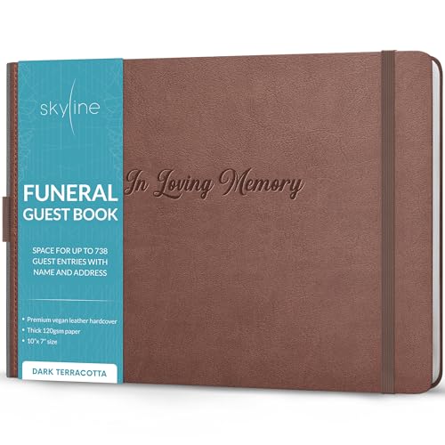 Image of Skyline Funeral Guest Book, Sign In Name & Address, Hardcover Terracotta | 10 inchx7 inch, Elegant sign-in guestbook for memorial service & celebration of life with large signature space, Memory book