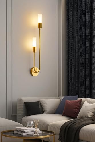 Image of S.N.Enterprises Wall Sconce, Pack of 2 | Luxury Gold LED Wall Light with 3 Color Modes | Long Modern Sconce Lamp for Bedroom, Living Room & Corridor (Warm + Neutral + Cool White)