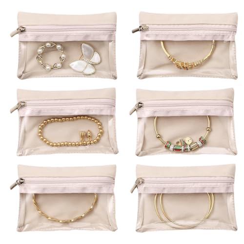 Aucuu 6 Pcs Jewellery Pouch, Small Jewellery Bag, Clear Travel Jewellery Bag with Zipper, Portable Velvet Jewellery Organiser for Ring, Necklace, Bracelets, Gifts for Women