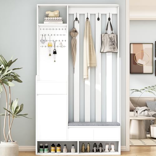 Porte-Manteau de Couloir avec Banc de Rangement Rembourré 180x100x35cm, Meuble à Chaussures de Couloir Multifonctionnel avec Patère, Porte-Manteau Moderne...