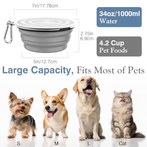 Pawaboo Faltbar Hundenapf, 2 Stück 1000 ml Hund Reisenäpfe Tragbar Silikon Auslaufsicher Trinknapf Fressnapf mit Deckel und Karabiner für Hunde Katzen Spaziergänge Unterwegs, Blau + Grau
