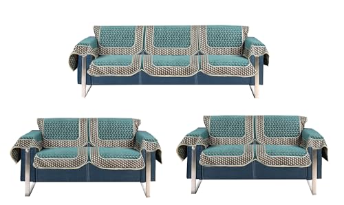 Image of Premium Chenille Woven Anti-Slip 7 Seater Sofa Cover with Armt Rest | L-Shape Sofa Seat Protector for Living Room | Durable & Stylish Slipcover - Turquoise - 3D