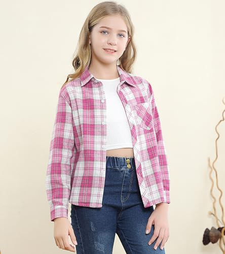 Image of SANGTREE Women and Girls Long Sleeve Flannel Casual Button Down Plaid Shirt