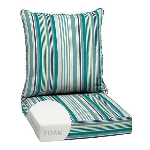 Image of Arden Outdoor Foam Deep Seat Cushion Set, 24 in x 24 in, Weather-Proof, Rain-Proof, Fade Resistant Patio Cushion, Bottom and Back Cushion for Chair, Sofa, and Couch Teal Cobalt Stripe