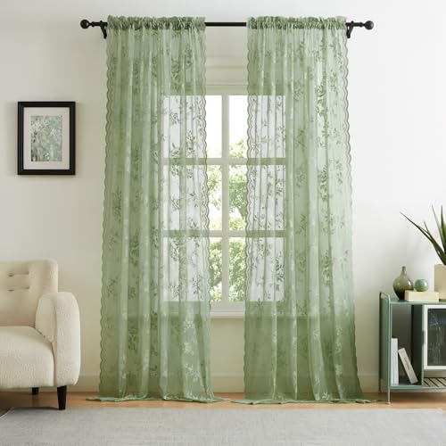 Sage Green Lace Curtains 102 Inches Long Spring Country Floral