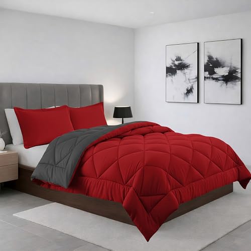 Ensemble 2PC édredon réversible Twin anti-déplacement rouge gris