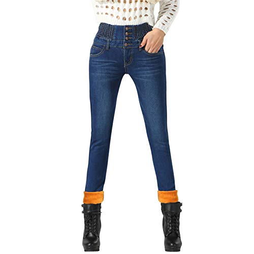 LAEMILIA Pantalon Femme Denim Chaud Hiver Jeans Polaire Pant Thermiques Doublure Epais Jegging Crayon Taille Haute Stretch Fermeture Eclair avec Poches (46, Bleu(Doublure)) Cover