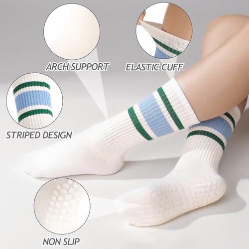 Jspupifip 6 Pairs Pilates Socks for Women, Non-Slip Yoga Striped Retro Crew Socks for Athletic Barre Barefoot Workout Hospital3