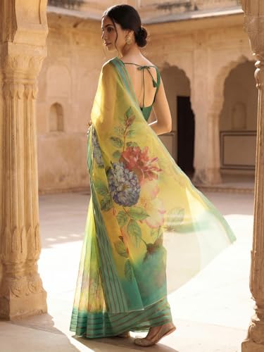 Image of AKHILAM Women's Yellow Organza Floral Printed Saree With Unstitched Blouse Piece (SAGE1004 AI2)
