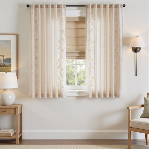 Image of jinchan Floral Linen Curtains, Back Tab 50x63 Inch, 2 Panels Ivory