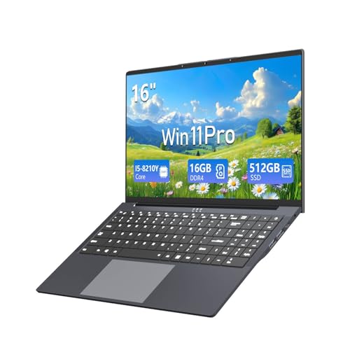 Ordinateur Portable 16 Pouces, PC Portable Core i5-8210Y Processeur, 16Go RAM 512Go SSD, FHD 1920 x 1200P, Laptop Win11 Pro, Clavier Rétroéclairé, Webcam, RJ45, Wi-FI 5, USB 3.0 * 3, Type-C