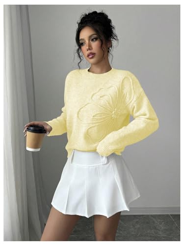 Image of Verdusa Women's Spring 3D Flower Appliques Crewneck Sweaters Long Sleeve Drop Shoulder Pullovers Knit Going Out Tops