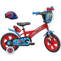 Bicicleta Fij A.T.L.A.S. Bicicleta de 12 Pulgadas Equipada con 1 Freno, Placa Frontal Decorativa, Guardabarros, cárter, estabilizadores y Casco Spiderman Incluido Delantera, Niños, Rojo idéntico a Las Fotos, 12''