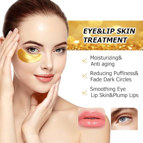 Ruzzut 40 Pairs Pink Lip Masks & Eye Masks, 24K Gold Gel Collagen Eye Patches for Puffy Eyes, Dark Circles, Wrinkles and Eye Bags, Moisturizing Crystal Mask Set for Women Men