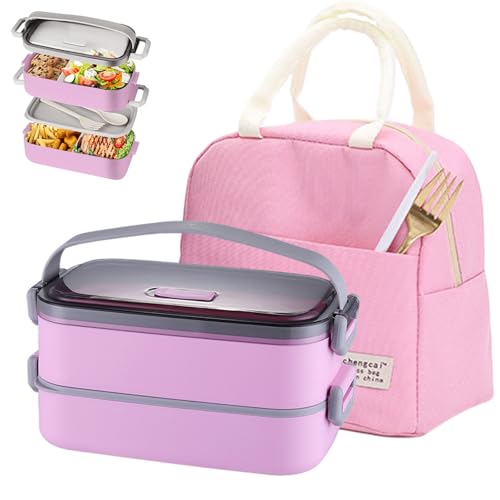 Haoh Bento Lunch Box Kit, 1600ml 2 Etages Boite Repas avec Sac Isotherme Repas, Hermétique Boîtes Bento pour Pique Nique, Travail, Goûter, Ecole, Boîte à Lunch Micro Ondable(Rose)