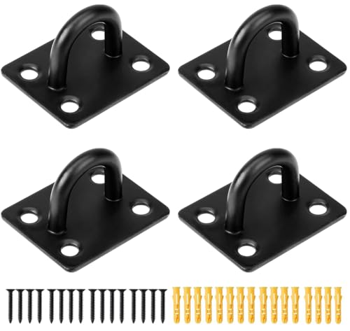 JUTOSU パッドアイ アイプレート スクエアパッドアイ スクエアアイプレート プ マッチングネジ 壁掛け式 パッドアイ 天井吊り下げ用 冷間圧延鋼 耐久性壁/天井マウントフック 天井フック U型 固定 金具 取り付け金具 耐腐食性 止め 高強度木製ドア 戸棚 灯 シェードセイル 日よけ ブランコ ハンモック用 厚さ6mm 黒 4個入り