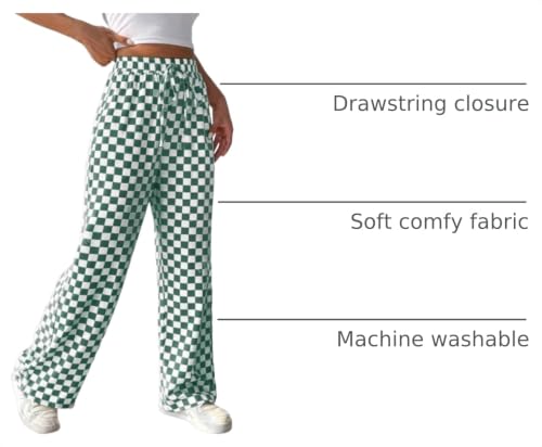 Image of Women's Casual Checkered Pants Drawstring Elastic Waist Comfy Loose Straight Wide Leg Plaid Pants with Pockets