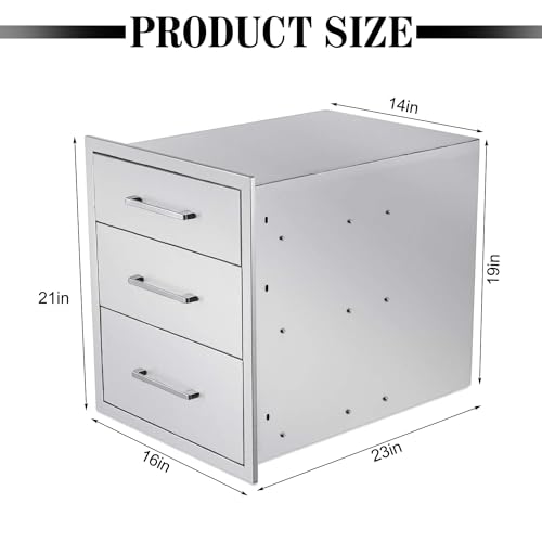 Image of Outdoor Kitchen Drawers,Stainless Steel BBQ Drawer 3-Drawer, 16 inch W x 21 inch H x 23 inch D Flush Mount Triple Access Drawer for Outdoor Kitchen,BBQ Island