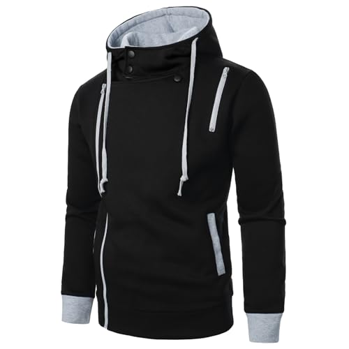 Mens Outdoor Hoodie Sweatshirts, Side Zipper and Button Down Drawstring, Slim Fit Hooded Fleece Coat, Long Sleeve