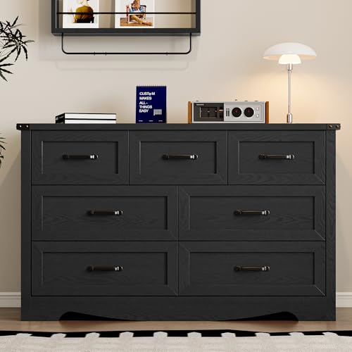 Image of BORNOON 7-Drawer Dresser for Bedroom, Modern Wooden Chest of Drawers with Metal Handles, Anti-Tipping Design, Sturdy and Stable Storage Organizer for Living Room, Entryway, Home Office