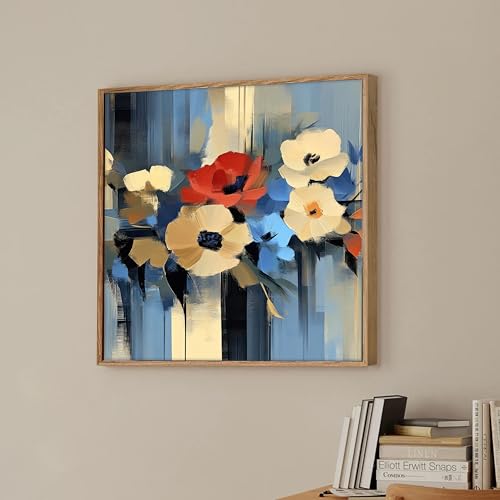 Image of Abstract Floral Framed Canvas Wall Art Painting for Living Room | Modern Blue & White Flower Artwork with Wooden Frame | Contemporary Decorative Wall Decor for Home & Office, 23x23 Inch