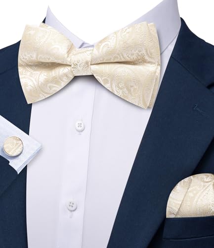 Image of Barry.Wang Paisley Striped Bow Tie for Men Silk Pre-Tied Bowtie Pocket Square Cufflinks Set Formal Wedding Party Prom