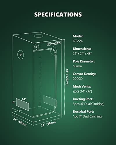Staygrow Industry-Leading Highest Density 2000D 2X2 Grow Tent, Easy Assembly 24"X24"X48" Tents With Strong Zipper, Nearly No Light Leaks 2X2X4 For Home Growers Indoor Plants Growing #TOP5