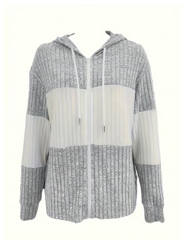 Verdusa Women's Striped Color Block Jacket Zip Up Long Sleeve Ribbed Knit Drawstring Hoodies4