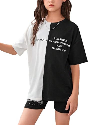 OYOANGLE Girl's Graphic Print Colorblock Half Sleeve Round Neck Shirt Tops Summer Casual Loose Tee Shirts