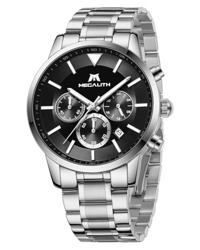 MEGALITH Reloj Hombre de Pulsera Elegante: Cronógrafo Relojes Calendario Lujo Plateado - Analógico Reloj Caballero Acero Cuarzo Reg