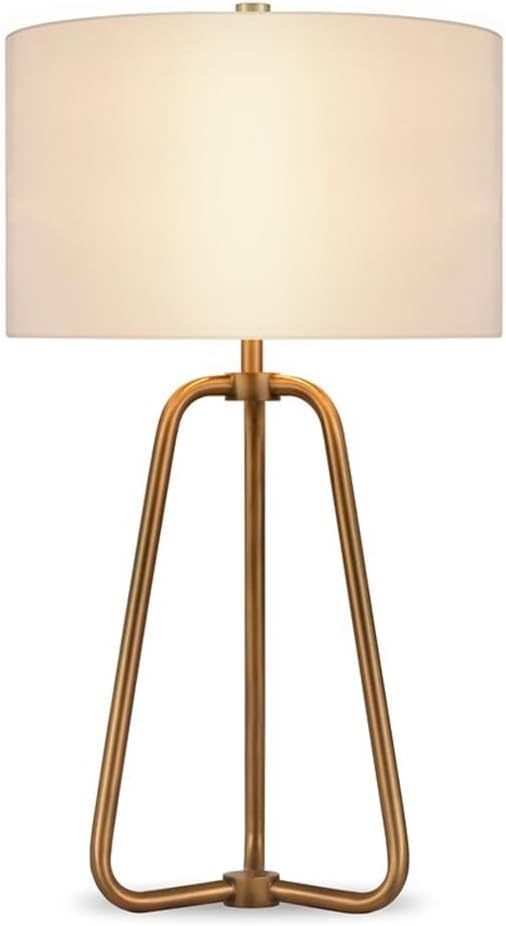 Pemberly Row 25.5" Mid Century Metal Table Lamp, Brass Finish, Drum Shade in Chiffon Linen, Versatile Lighting for Bedroom, Home Office, Living Room, or Dining Room