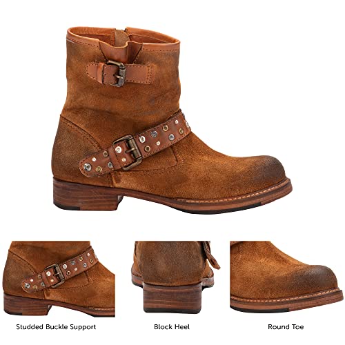Vintage Foundry Co. Miriam Women’s Fashion Casual Western Biker Rugged Camel Leather Buckled Studded Side Zip Ankle-Boos, Round-Toe, Stacked Heel Platform, Leather-Rubber Outsole, Size 9 #TOP6