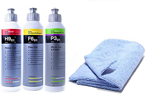 Koch Chemie Polierset Set Heavy Cut H9.01 250 ml Schleifpolitur + Feinschleifpaste F6.01 + P3.02 Micro & Finish mit Master Carline Mikrofasertuch (Rot Gelb Grün)