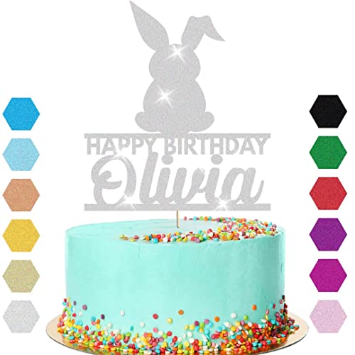 Topper de lapin de lapin de lapin de lapin Décoration de gâteau d'anniversaire animal personnalisé Nom et âge (argent) Cover