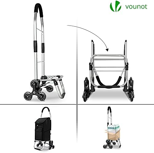 VOUNOT Folding Shopping Trolley on 6 Wheels, Aluminium Lightweight Shopping Cart with Detachable Bag, Stair Climbing Grocery Trolley, 45L, Black