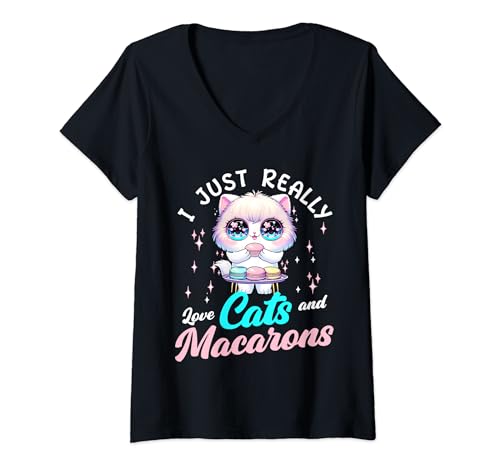 Womens I Just Really Love Cats And Macarons Macaron Lover V-Neck T-Shirt
