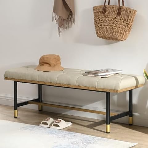 FERFALDER Shoe Bench Entryway, End of Bed Bench, Bench for Bedroom End of Bed, Modern Faux Leather Bench for Living Room, Entryway Bench Seat, Padded Bench with Solid Metal Shelf Gold, Beige Cover