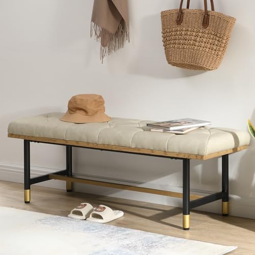 FERFALDER Shoe Bench Entryway, End of Bed Bench, Bench for Bedroom End of Bed, Modern Faux Leather Bench for Living Room, Entryway Bench Seat, Padded Bench with Solid Metal Shelf Gold, Beige