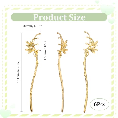 SUNNYCLUE 6Pcs Gold Alloy Bookmark Flower Hairpin Bookmarks Bulk Vintage Chinese Style Bamboo Leaves Metal Hair Sticks Hairpin Stripe Golden Classical Bookmarks for Crafting DIY Findings Handmade - Image 2