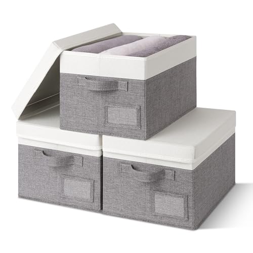 Image of GRANNY SAYS Storage Bins with Lids, Collapsibe Clothes Organizers and Storage, Storage Baskets for Shelves, Decorative Storage Boxes with Lids, 3-Pack, Gray&Ivory