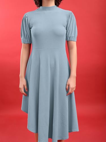 Image of PURVAJA Women's Fit & Flare Knee Length Short Sleeve Turtle Neck Solid Dress